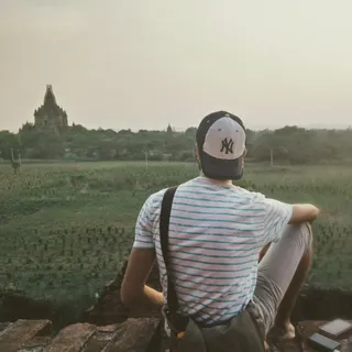 Yassine Doghri looking at a temple in Bagan, Myanmar.